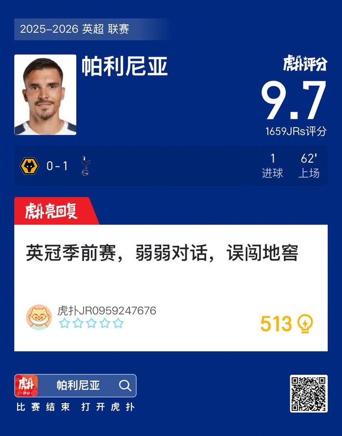 星空体育官网-狼队0比1热刺，帕利尼亚进球获虎扑9.7分|若昂·帕利尼亚|托特纳姆热刺|英冠|评分_新浪体育_新浪新闻